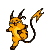 Pixelated yellow creature with black horns and tail performs sequential poses against gray background.