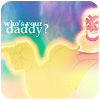 A static image shows a cartoon character with glowing yellow outlines against a gradient background, with text reading 'who's your daddy?' in white script.