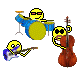 Pixelated yellow smiley faces play instruments: drums, electric guitar, and cello against a gray background.