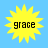 Four identical yellow starburst shapes with black text "grace" centered on a light blue background.