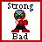 A 3x3 contact sheet of eight animated frames showing a pixelated red robot character with green eyes and blue head accents, each frame bordered in red with "Strong" above and "Bad" below on white backgrounds.