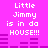 Pixelated text on bright pink background with purple audio waveforms, displaying "Little Jimmy is in da HOUSE!!!" in white block letters.