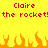 Yellow background with red pixelated text reading "Claire the rocket!" repeated twice, orange pixelated flames at the bottom.