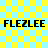 Yellow and light blue checkered background with four instances of the text FLEZLEE in bold black letters, each instance having a single pixel glitch on the third letter.