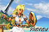 Pixel art of a blonde warrior woman holding a sword and shield on a beach with mountains in the background, labeled "PREVIEW".