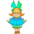 Animated contact sheet of a cartoon character with orange hair and green bunny ears in blue dress, showing six sequential frames of subtle pose changes against white background.