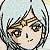 Pixelated cartoon-style face with large eyes and a small mouth, framed by a circular border with a light blue background.