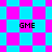 Pixelated pattern with alternating cyan and magenta squares forming a , four instances of 'GME' text in black pixel font overlaid on the