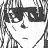 Black-and-white pixelated image of a character with large eyes, dark hair, and a white garment, set against a light background with vertical dark lines.