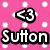 Pixelated pink background with white polka dots and black-outlined text reading '<3 Sutton' in a retro digital style.