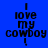Four display the text "I love my cowboy!" in pixelated black font on varying blue backgrounds, with one in cyan