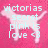 Pixelated pink background with light blue text reading 'victorias secret pink is love' over a faint white dog silhouette.