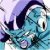 Pixelated image of a blue fish with dark fins and tail, white underbelly, and a large eye, set against a light purple and white background.