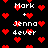 Pixelated red hearts and white text on black background, with 'Mark + Jenna fever' repeated in multiple positions.