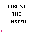 Animated sequence of text 'ITRUST THE UNSEEN' with pink pixelated heart accents and varying letter opacity across frames.
