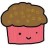 Pixelated pink cupcake with brown topping and simple face expression on white background.