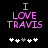 Pixelated pink text "I LOVE TRAVIS" on black background with white and gray heart symbols below, two variations of heart arrangement.