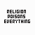 Pixelated text 'RELIGION POISONS EVERYTHING' in black and red on white background, with varying color states