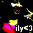 Animated icon shows a character with yellow hair, red lips, and pink-red clothing against black background; text 'ily<3' appears in white.