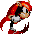 Pixelated character with red hair and black outfit in two poses against gray background.