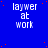 Blue background with white text 'laywer at work' repeated in a , scattered red dots, and a gray rectangle in the bottom-right corner