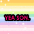 Pixelated text on a rainbow striped background with scattered white dots, displaying phrases in pink and green block letters.