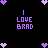 Purple pixelated text 'I LOVE BRAD' appears twice on a black background with scattered purple heart shapes, all in static display.
