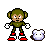 Pixel art character in green outfit with red boots and white gloves, holding a hammer near a small purple rabbit-like creature on gray background.