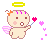 Pixel art contact sheet of six animated frames showing a cartoon angel character with pink wings, yellow halo, and heart-shaped flower prop against gray background.