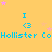 Yellow background with repeating blue text "Hollister" and "CoHollister" under blue "I <3" symbols, scattered pink stars.