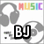 Pixelated icon with grayscale headphones, vinyl record, and microphone imagery alongside text elements.