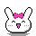 Pixel art bunny head with pink bow, closed eyes, and tongue out on gray background.