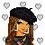 Pixel art of a woman with long brown hair and black beret, wearing dark top and blue jeans, holding a bag against heart-patterned background with pink text.