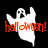 A ghost-shaped figure with raised arms appears in white and gray variations over a black background, each paired with red 'halloween!' text.