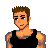 Pixel art contact sheet showing three frames of a male character in black tank top and pants with chains, accompanied by text reading "Chicks love the GUNS".
