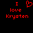 Red pixelated text and heart symbol on black background, with one version showing a heart icon replacing the word 'love' in the phrase "I love Krysten".