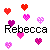Pixelated heart-shaped icons in red, pink, purple, and black surround text reading Rebecca, Ryan, 's, 1-11-05 on a white background.