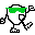 Pixelated character with green headband, white body, black limbs, and green feet in walking animation sequence.