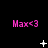 Pixelated pink text "Max<3" appears in three on a black background with white star-like symbols changing across frames