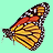 Pixelated butterfly with orange, yellow, and black wing patterns on a light green background.
