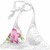 Three bikini tops displayed in a : white with pink floral, multicolor patchwork, and white with red/pink dots