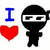 Blue 'I' character, red heart symbol, and black ninja figure with white mask stripe on white background.