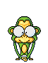 Six pixel-art monkey poses with green bodies, yellow faces, and white eyes on gray background.