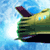 Pixelated static image of a green and yellow cartoon character with purple accents against a blue sky background, viewed from the side in profile.