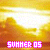 Animated sequence showing a sunset silhouette with changing text overlays in pink pixelated font against a golden sky background.