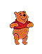 Six pixelated Winnie the Pooh poses in red shirt against gray background, showing standing, jumping, hanging, sitting, and crouching positions.