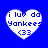 Four heart-shaped icons with blue text on white backgrounds against a solid blue backdrop, each displaying 'i luv da Yankees <33' in pixelated font.