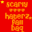 Red background with repeating orange text and yellow stars, featuring 'scary', 'haterz', 'fall', 'baq' in pixelated font.
