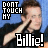 Animated contact sheet of a person in black shirt with hand near face, blue background, and text "DONT TOUCH MY Billie!" across multiple frames showing color variations.
