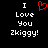 A black background displays white text reading "I Love You Zkiggy!" with a red pixelated heart symbol replacing the word "Love" in one view.